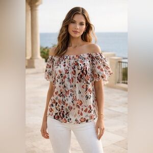 White House Black Market Off Shoulder Blouse Size 2 | Sheer Ruffle Floral Top